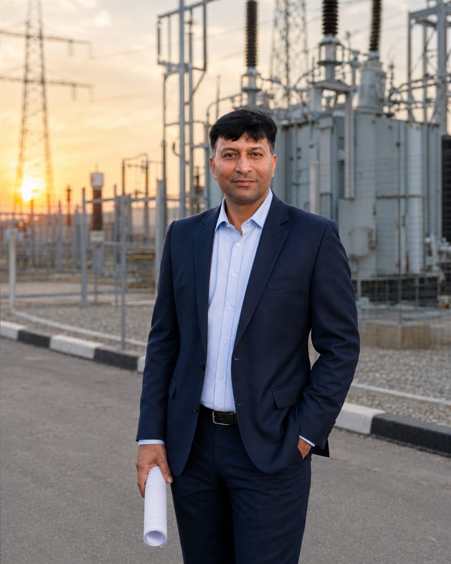 Mr. Paresh Ardeshna at a power transmission substation at sunset